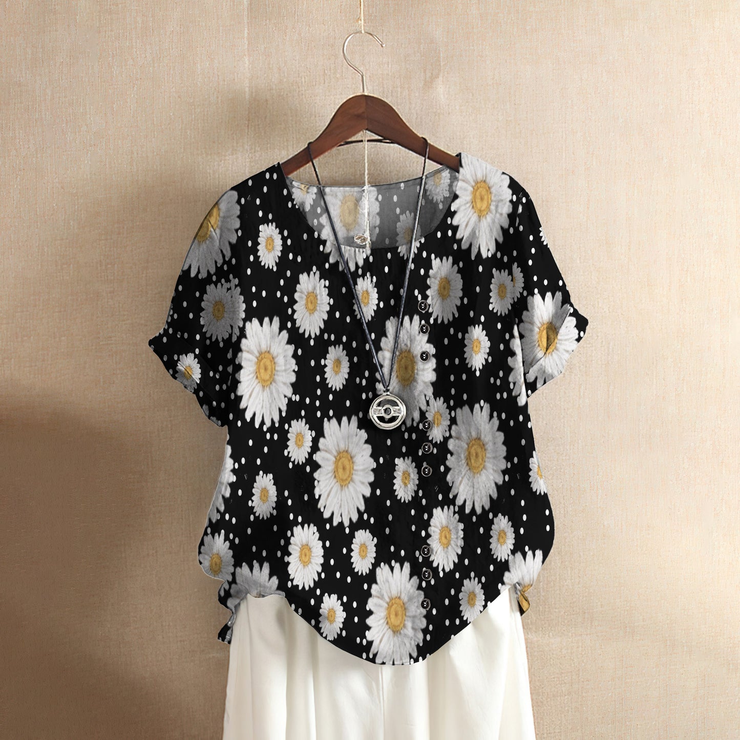 Daisy Pattern Casual Short Sleeve Shirt | Summer Blouse | Women Cotton T-shirt