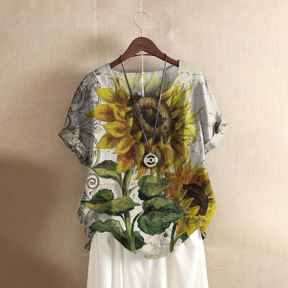 Sunflower Casual Short Sleeve Shirt | Summer Blouse | Women Cotton T-shirt