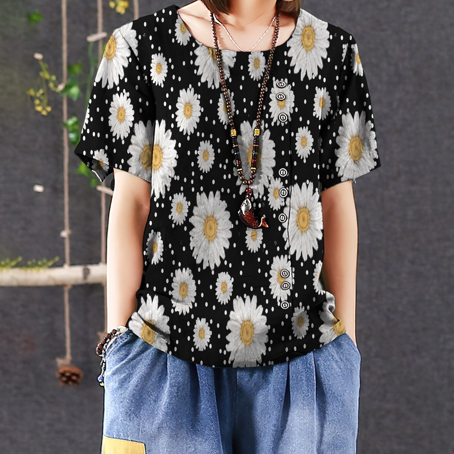Daisy Pattern Casual Short Sleeve Shirt | Summer Blouse | Women Cotton T-shirt