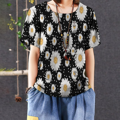 Daisy Pattern Casual Short Sleeve Shirt | Summer Blouse | Women Cotton T-shirt