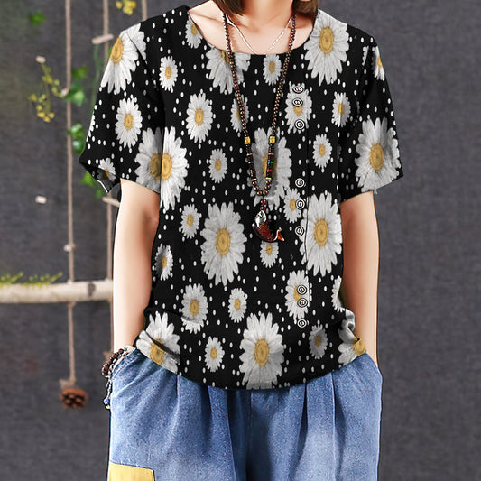 Daisy Pattern Casual Short Sleeve Shirt | Summer Blouse | Women Cotton T-shirt