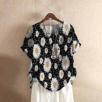Daisy Pattern Casual Short Sleeve Shirt | Summer Blouse | Women Cotton T-shirt