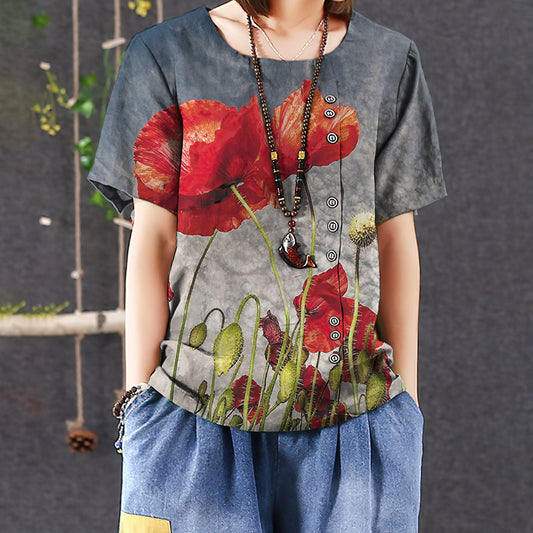 Poppy Flower Casual Short Sleeve Shirt | Summer Blouse | Women Cotton T-Shirt