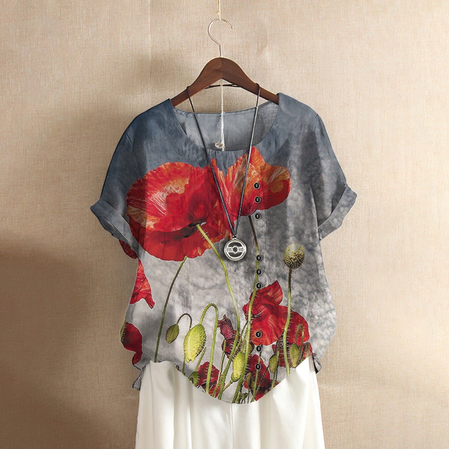 Poppy Flower Casual Short Sleeve Shirt | Summer Blouse | Women Cotton T-Shirt